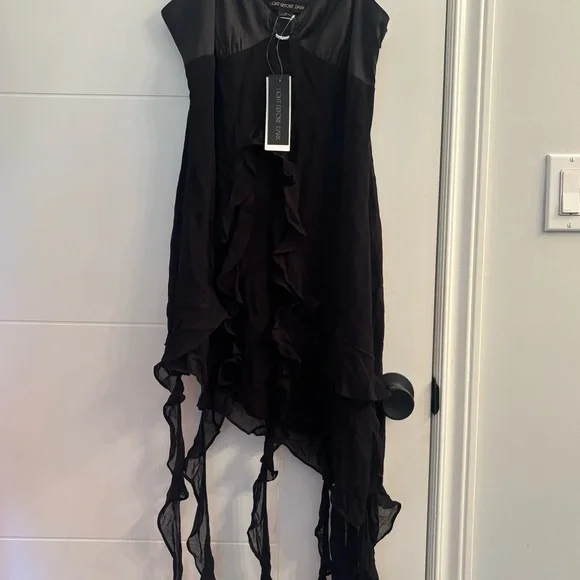 NWT Black Asymmetrical Ruffle Slip Mini Dress Size L Y2K Date Night Glam - Picture 3 of 10